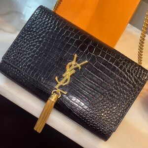 Yves Saint Laurent Black Croc-Embossed Clutch with Gold Accents